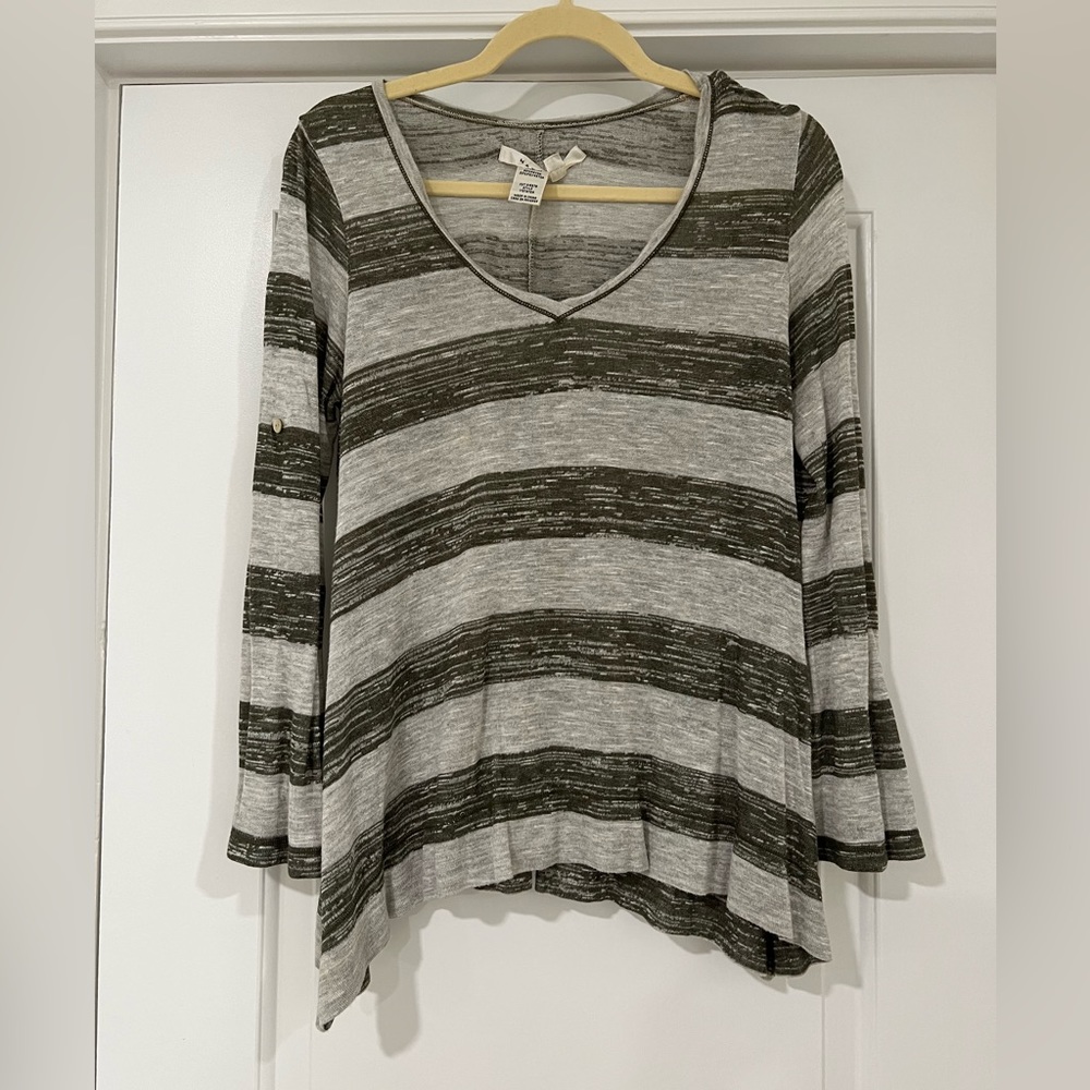 Max Studio Green & Gray Stripe Knit Shirt